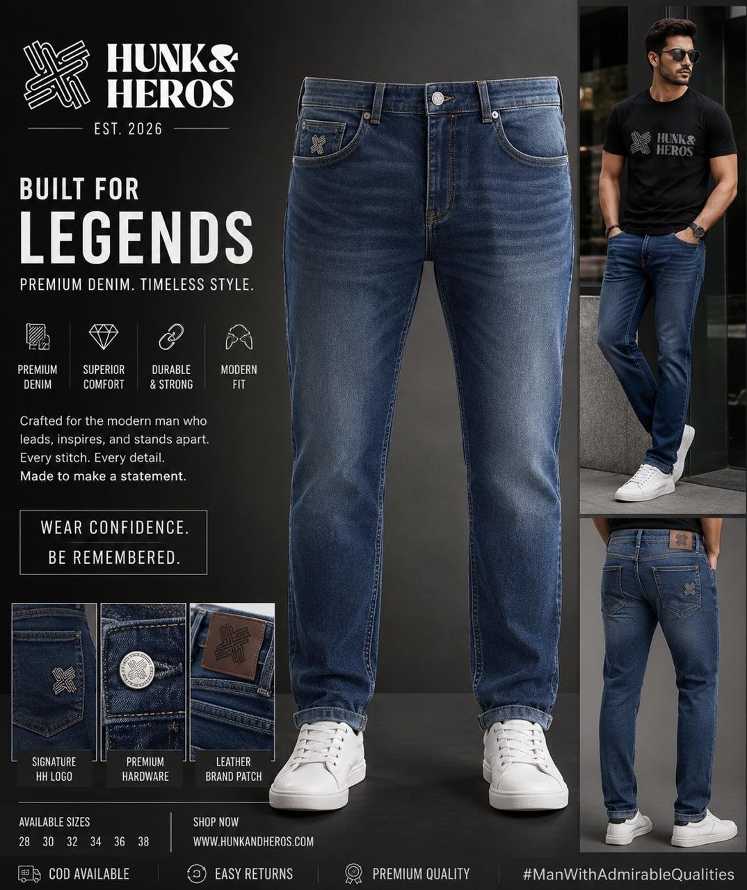 HUNK&HEROS Men’s Premium Pure Cotton Slim Fit Denim Jeans - Image 3